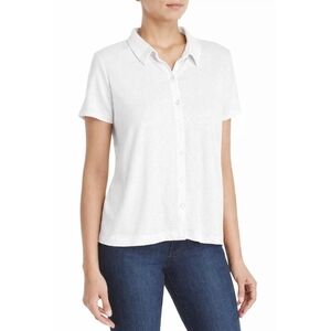 EILEEN FISHER Organic Linen Shirt Short Sleeve White Jersey Button Front L Boxy